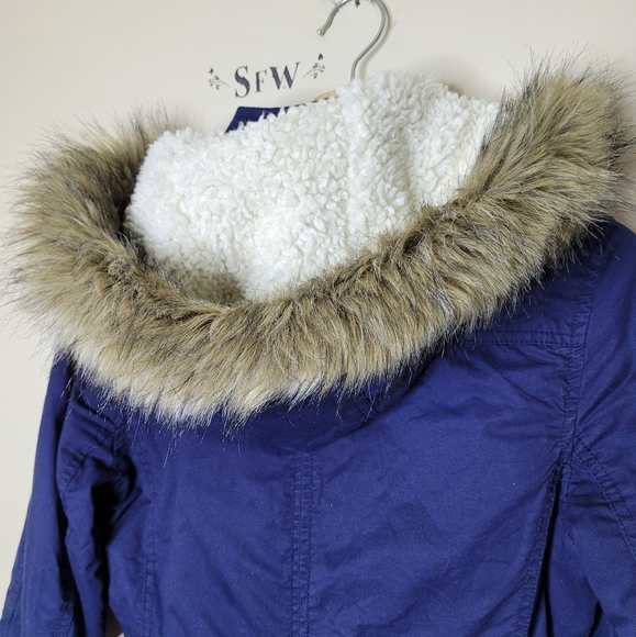Gap Winter Parka Coat Navy Blue Faux Fur Hood Size S Sherpa Jacket - Picture 7 of 9